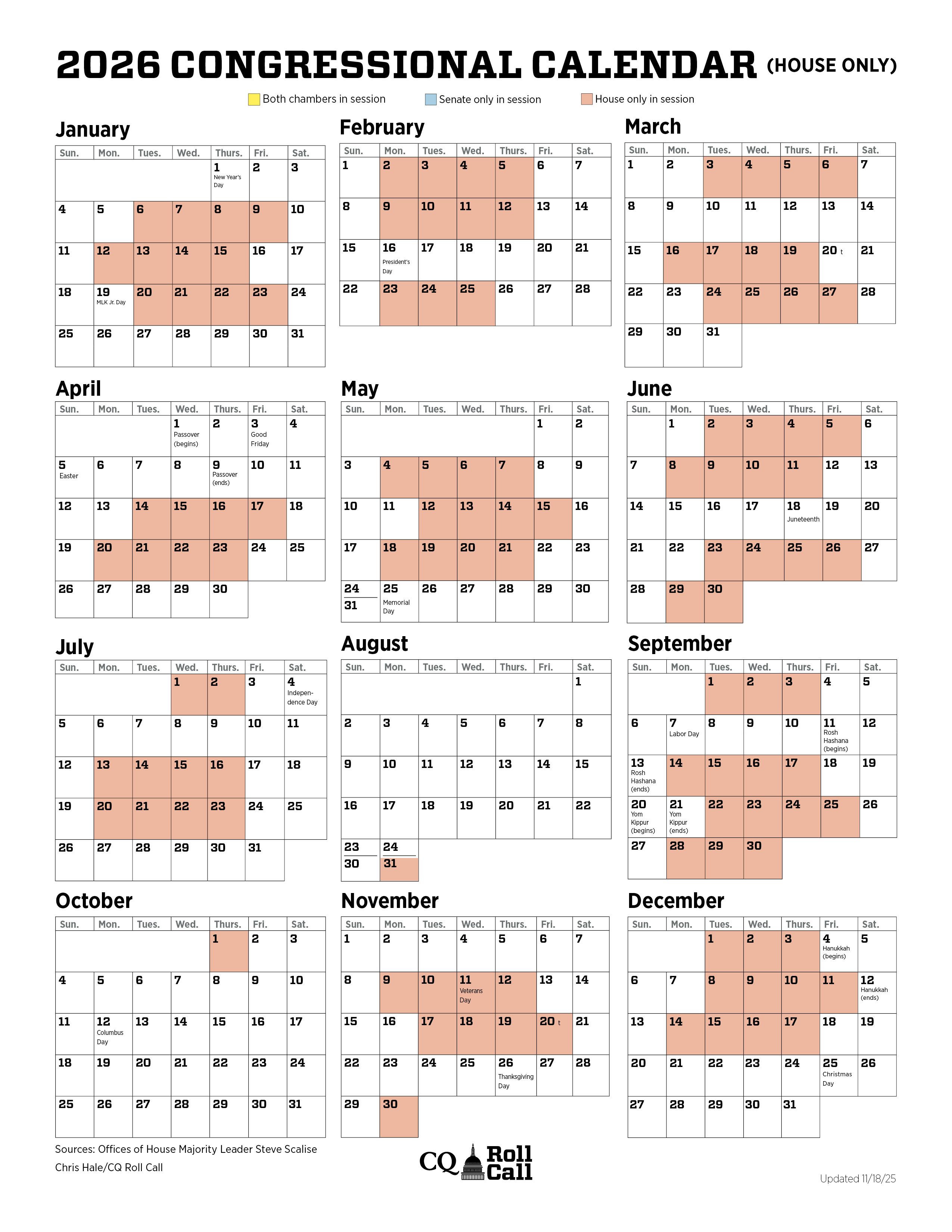 하원, 선거 연도가 다가옴에 따라 2026년 달력 공개