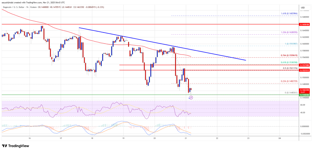 트레이더 심리가 점점 약세로 변하면서 Dogecoin (DOGE)이 다시 하락