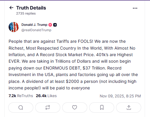 트럼프, 미국인들에게 4000억 달러의 배당금 폭탄 투하 — 암호화폐 시장 폭발